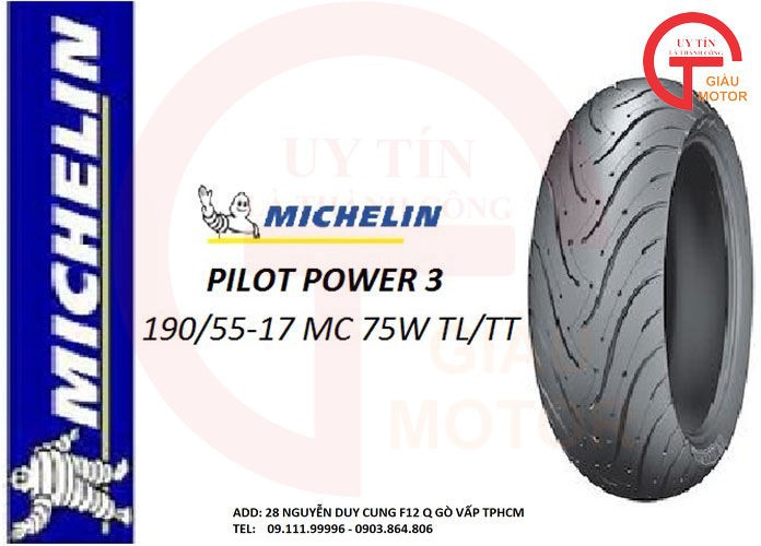 VỎ XE MÁY MICHELIN SIZE 190.55 17 75W TL/TT PILOT POWER 3.